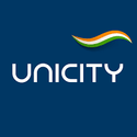Unicity logo with tricolor wave on blue background, health and wellness brand, Shoppiearth UK