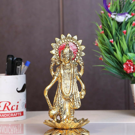 Kridaykraft Gold-Polished Narayan/Vishnu Standing On Lotus Metal Statue