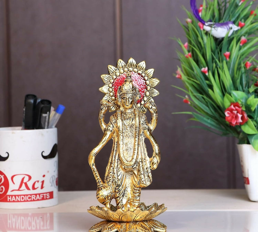 Kridaykraft Gold-Polished Narayan/Vishnu Standing On Lotus Metal Statue