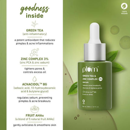 Plum Green Tea & 3% Zinc Complex Face Serum with Acnacidol BG - Fights Acne, Pimples & Controls Oil