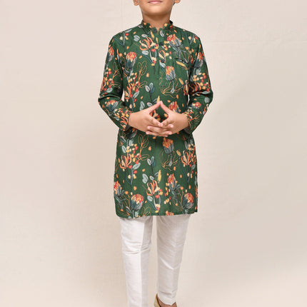Joban Fashion Cotton Silk Green Kurta With Straight Fit Pant