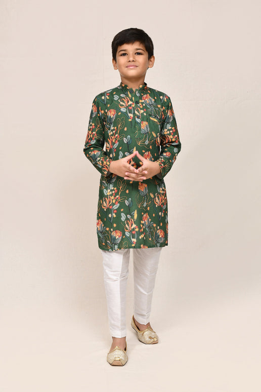 Joban Fashion Cotton Silk Green Kurta With Straight Fit Pant