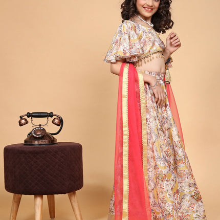 Divine Drape Girls Chinon Cream Printed Kids Lehenga Choli With Dupatta