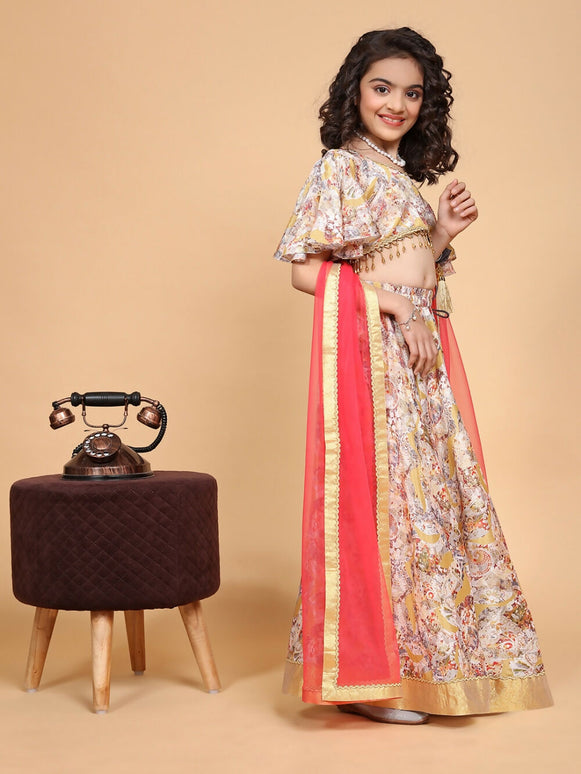 Divine Drape Girls Chinon Cream Printed Kids Lehenga Choli With Dupatta