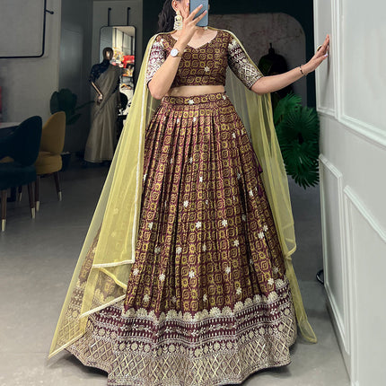 Lorenvalley Brown Chinon Digital Print with Embroidery Sequins Work Lehenga Choli with Dupatta