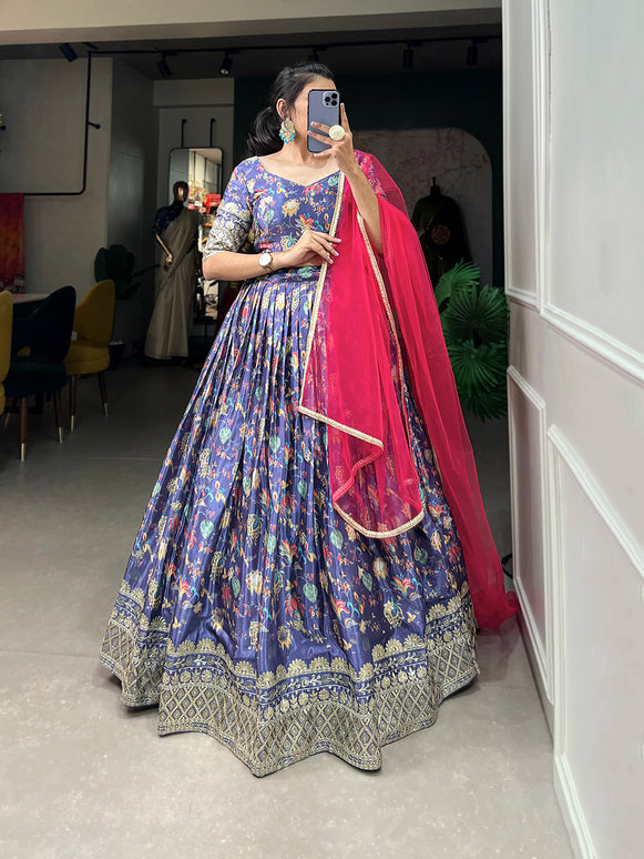 Lorenvalley Lavender Chinon Digital Print with Embroidery Sequins Work Lehenga Choli with Dupatta