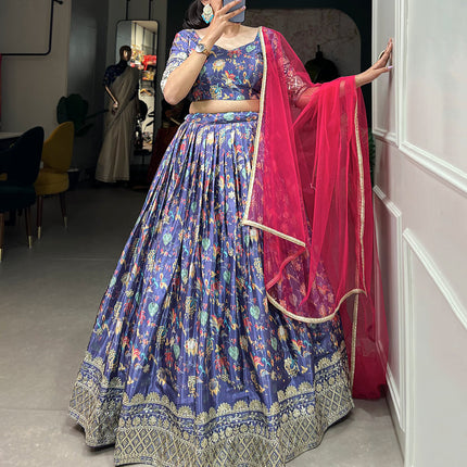 Lorenvalley Lavender Chinon Digital Print with Embroidery Sequins Work Lehenga Choli with Dupatta