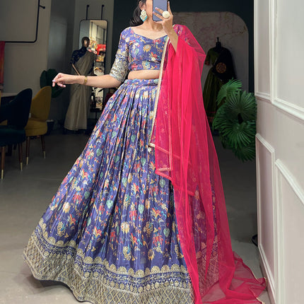 Lorenvalley Lavender Chinon Digital Print with Embroidery Sequins Work Lehenga Choli with Dupatta