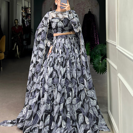 Lorenvalley Black Tabby Silk Printed with Hotfix Lehenga Choli with Dupatta