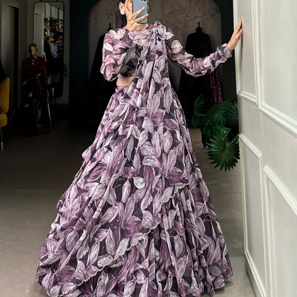 Lorenvalley Coffee Tabby Silk Printed with Hotfix Lehenga Choli with Dupatta