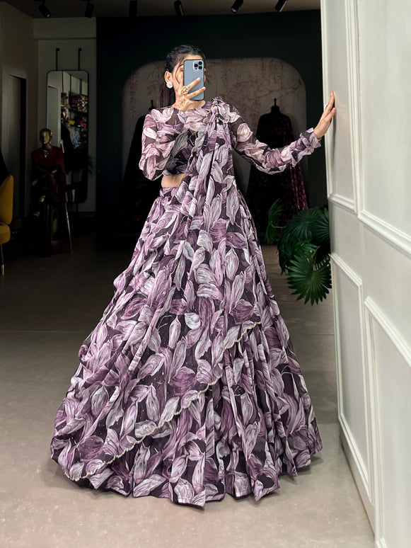 Lorenvalley Coffee Tabby Silk Printed with Hotfix Lehenga Choli with Dupatta