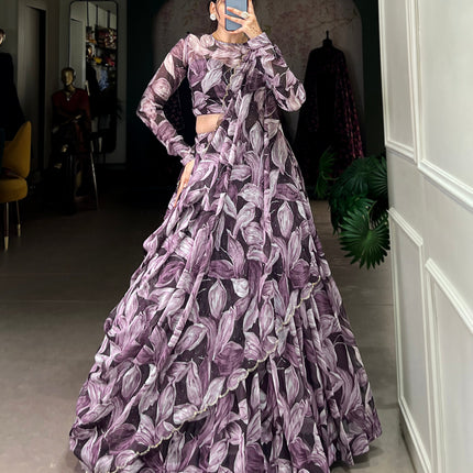 Lorenvalley Coffee Tabby Silk Printed with Hotfix Lehenga Choli with Dupatta