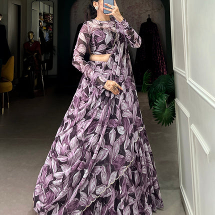 Lorenvalley Coffee Tabby Silk Printed with Hotfix Lehenga Choli with Dupatta