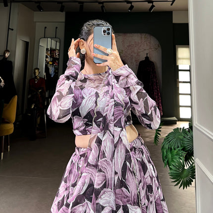 Lorenvalley Coffee Tabby Silk Printed with Hotfix Lehenga Choli with Dupatta