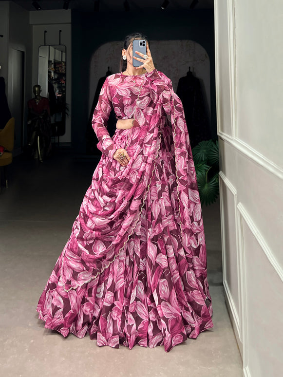 Lorenvalley Maroon Tabby Silk Printed with Hotfix Lehenga Choli with Dupatta