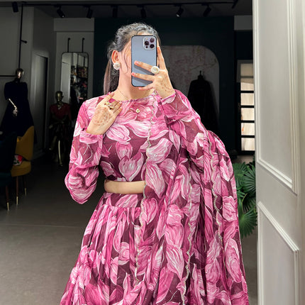 Lorenvalley Maroon Tabby Silk Printed with Hotfix Lehenga Choli with Dupatta