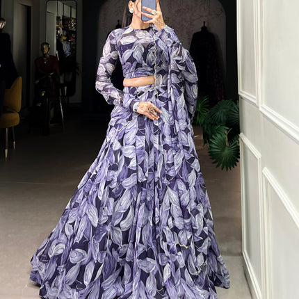 Lorenvalley Navy Blue Floral Print With Lace Touch Up Lehenga Choli with Dupatta