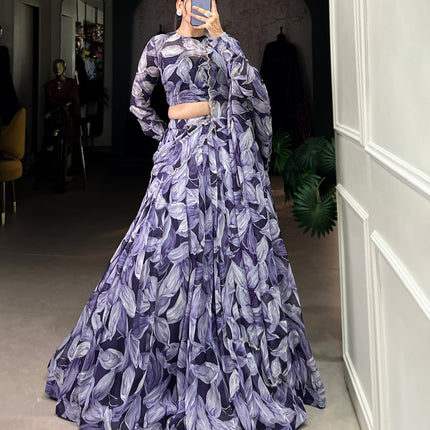 Lorenvalley Navy Blue Floral Print With Lace Touch Up Lehenga Choli with Dupatta