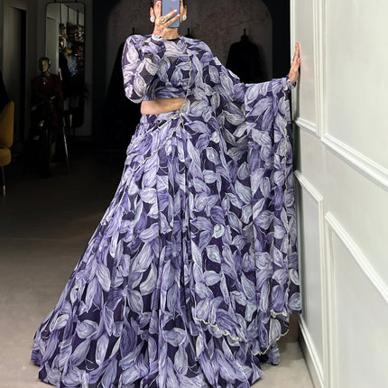 Lorenvalley Navy Blue Floral Print With Lace Touch Up Lehenga Choli with Dupatta