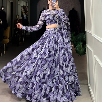 Lorenvalley Navy Blue Floral Print With Lace Touch Up Lehenga Choli with Dupatta