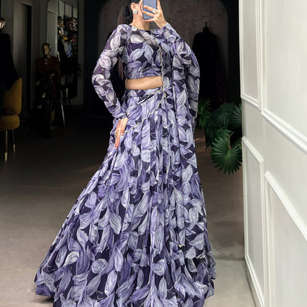 Lorenvalley Navy Blue Floral Print With Lace Touch Up Lehenga Choli with Dupatta