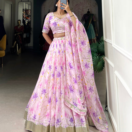 Lorenvalley Pink Tabby Silk Floral Print With Lace Touch Up Lehenga Choli with Dupatta