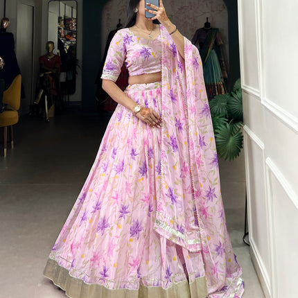 Lorenvalley Pink Tabby Silk Floral Print With Lace Touch Up Lehenga Choli with Dupatta