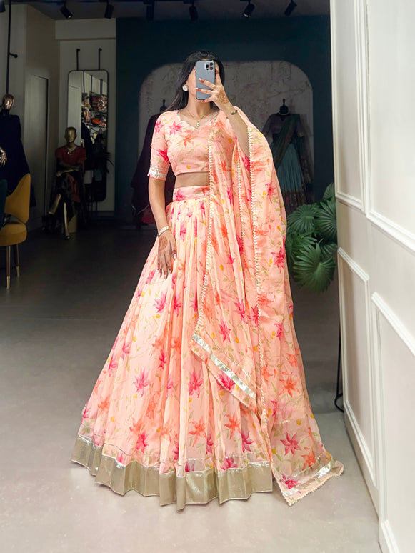 Lorenvalley Peach Tabby Silk Floral Print With Lace Touch Up Lehenga Choli with Dupatta