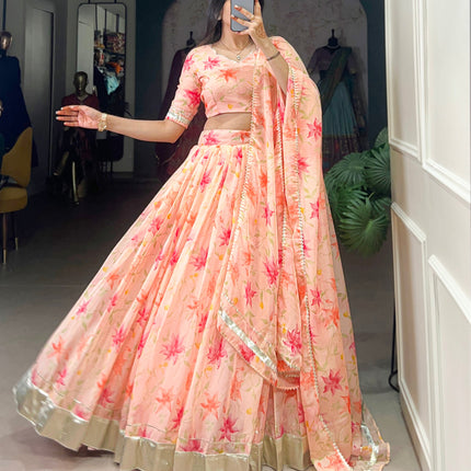 Lorenvalley Peach Tabby Silk Floral Print With Lace Touch Up Lehenga Choli with Dupatta