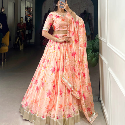Lorenvalley Peach Tabby Silk Floral Print With Lace Touch Up Lehenga Choli with Dupatta