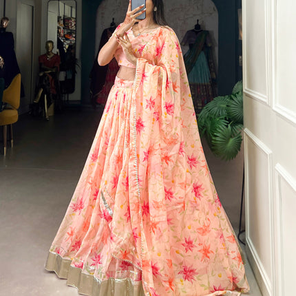 Lorenvalley Peach Tabby Silk Floral Print With Lace Touch Up Lehenga Choli with Dupatta