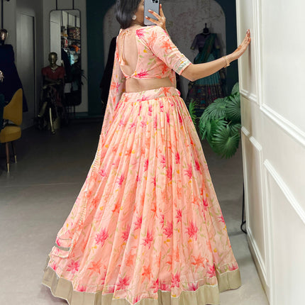Lorenvalley Peach Tabby Silk Floral Print With Lace Touch Up Lehenga Choli with Dupatta