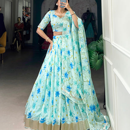 Lorenvalley Pista Tabby Silk Floral Print With Lace Touch Up Lehenga Choli with Dupatta