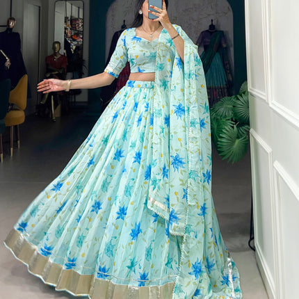 Lorenvalley Pista Tabby Silk Floral Print With Lace Touch Up Lehenga Choli with Dupatta