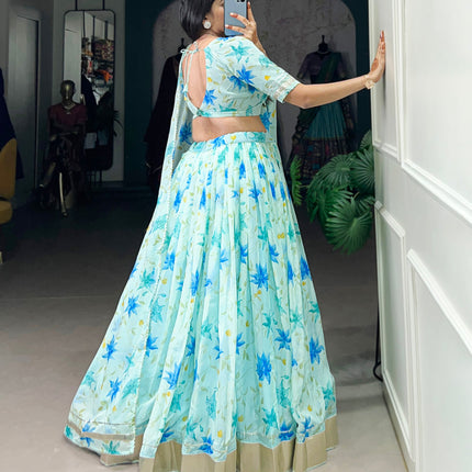 Lorenvalley Pista Tabby Silk Floral Print With Lace Touch Up Lehenga Choli with Dupatta