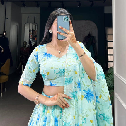 Lorenvalley Pista Tabby Silk Floral Print With Lace Touch Up Lehenga Choli with Dupatta