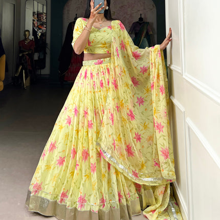 Lorenvalley Yellow Tabby Silk Floral Print With Lace Touch Up Lehenga Choli with Dupatta
