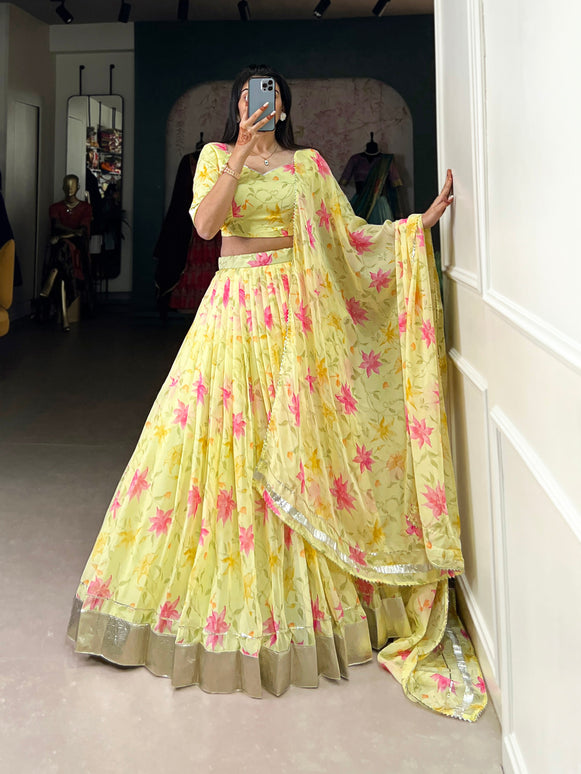 Lorenvalley Yellow Tabby Silk Floral Print With Lace Touch Up Lehenga Choli with Dupatta