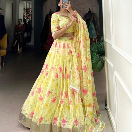 Lorenvalley Yellow Tabby Silk Floral Print With Lace Touch Up Lehenga Choli with Dupatta