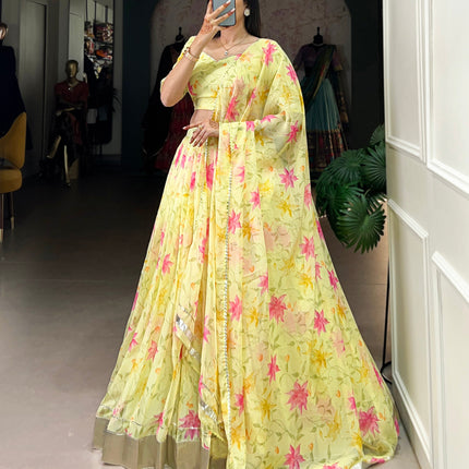 Lorenvalley Yellow Tabby Silk Floral Print With Lace Touch Up Lehenga Choli with Dupatta