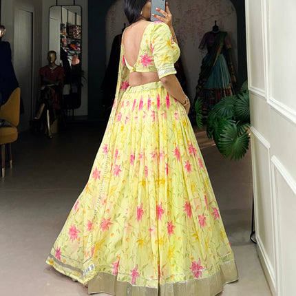 Lorenvalley Yellow Tabby Silk Floral Print With Lace Touch Up Lehenga Choli with Dupatta