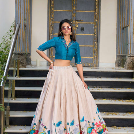 Lorenvalley Fashion Offwhite Tussar Silk Floral Print Lehenga Choli