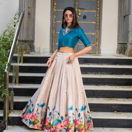 Lorenvalley Fashion Offwhite Tussar Silk Floral Print Lehenga Choli