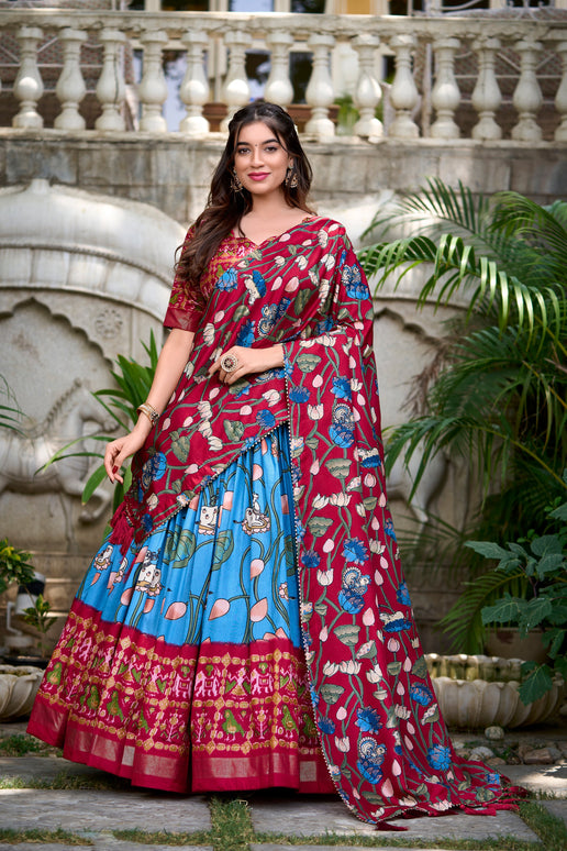 Lorenvalley Firozi Tussar Silk Pichwai With Patola Print And Zari Weaving Border Lehenga Choli with Dupatta
