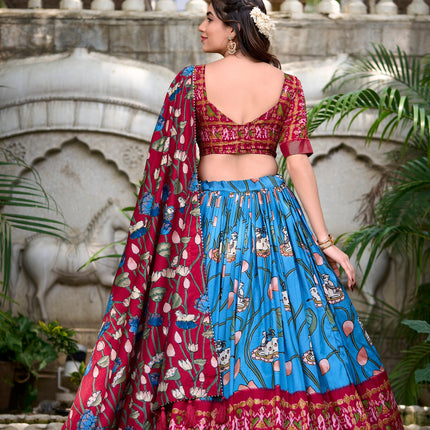 Lorenvalley Firozi Tussar Silk Pichwai With Patola Print And Zari Weaving Border Lehenga Choli with Dupatta