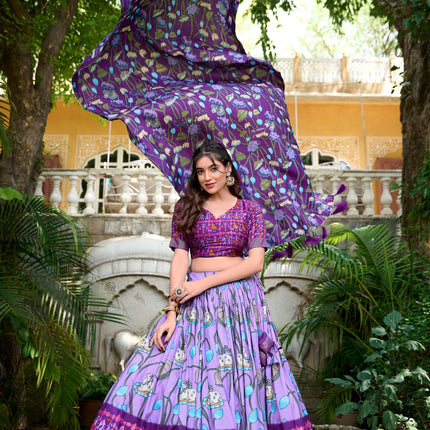 Lorenvalley Lavender Tussar Silk Pichwai With Patola Print And Zari Weaving Border Lehenga Choli with Dupatta