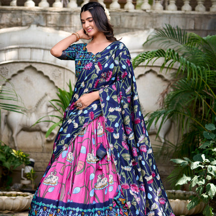 Lorenvalley Pink Tussar Silk Pichwai With Patola Print And Zari Weaving Border Lehenga Choli with Dupatta