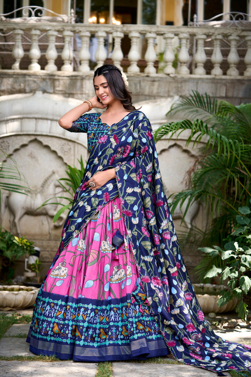 Lorenvalley Pink Tussar Silk Pichwai With Patola Print And Zari Weaving Border Lehenga Choli with Dupatta