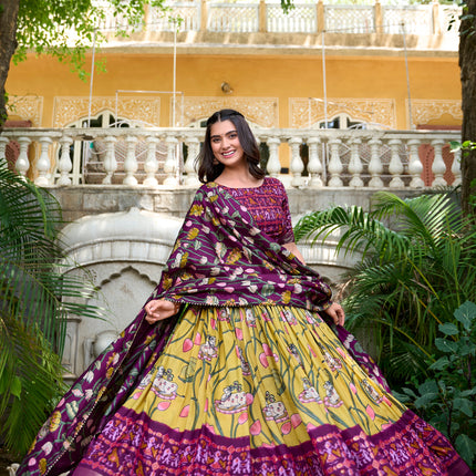 Lorenvalley Yellow Tussar Silk Pichwai With Patola Print And Zari Weaving Border Lehenga Choli with Dupatta