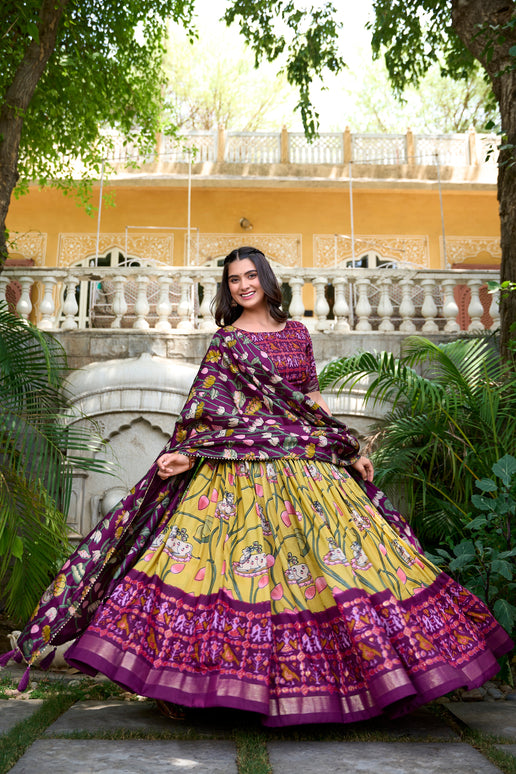 Lorenvalley Yellow Tussar Silk Pichwai With Patola Print And Zari Weaving Border Lehenga Choli with Dupatta